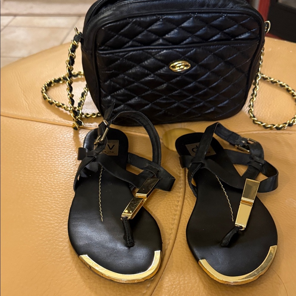 DV by Dolce Vita Black Sandals with Gold Accents with purse